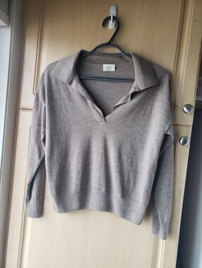 Aritzia 100% Wool Wilfred Taupe Collared V-Neck Sweater